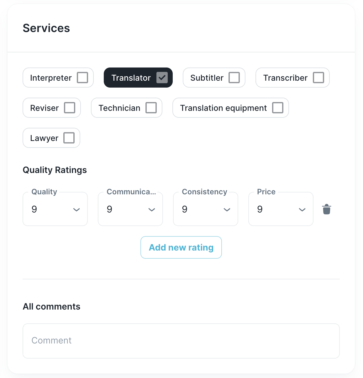 Structured services and ratings interface